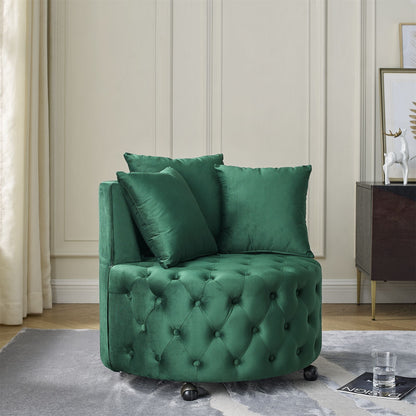 Velvet Upholstered Swivel Chair for Living Room, with Button Tufted Design and Movable Wheels, Including 3 Pillows New Era Fashion LLc
