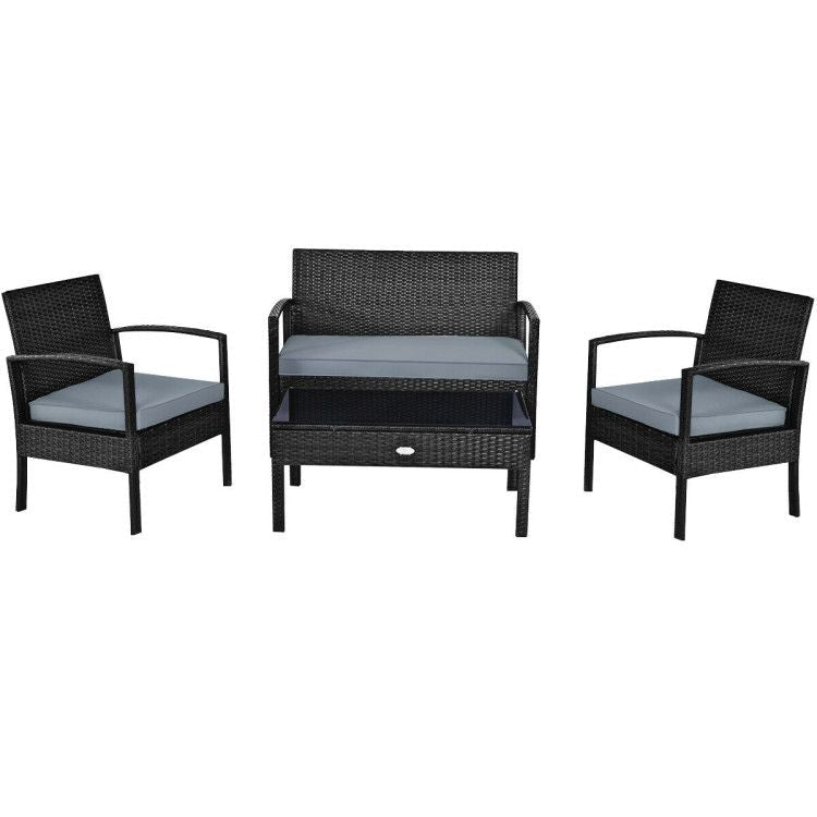 4 Pieces Patio Rattan Cushioned Furniture Set with Loveseat and Table Outdoor Conversation Sets New Era Fashion LLc