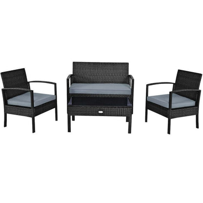 4 Pieces Patio Rattan Cushioned Furniture Set with Loveseat and Table Outdoor Conversation Sets New Era Fashion LLc