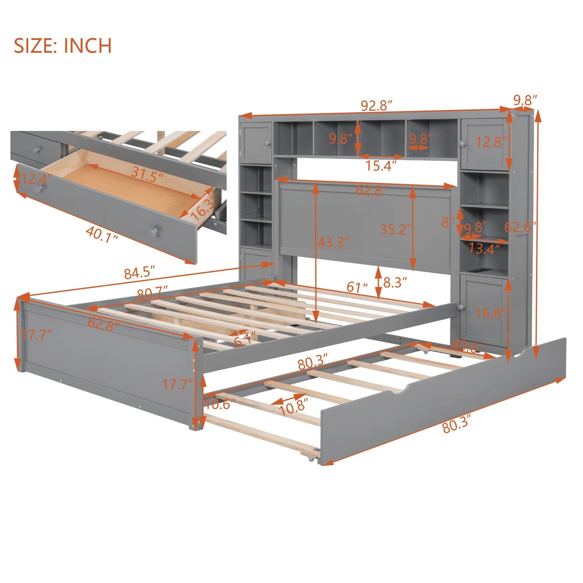 Queen Size Wooden Bed With All-in-One Cabinet, Shelf and Sockets,Twin XL Trundle, Gray New Era Fashion LLc