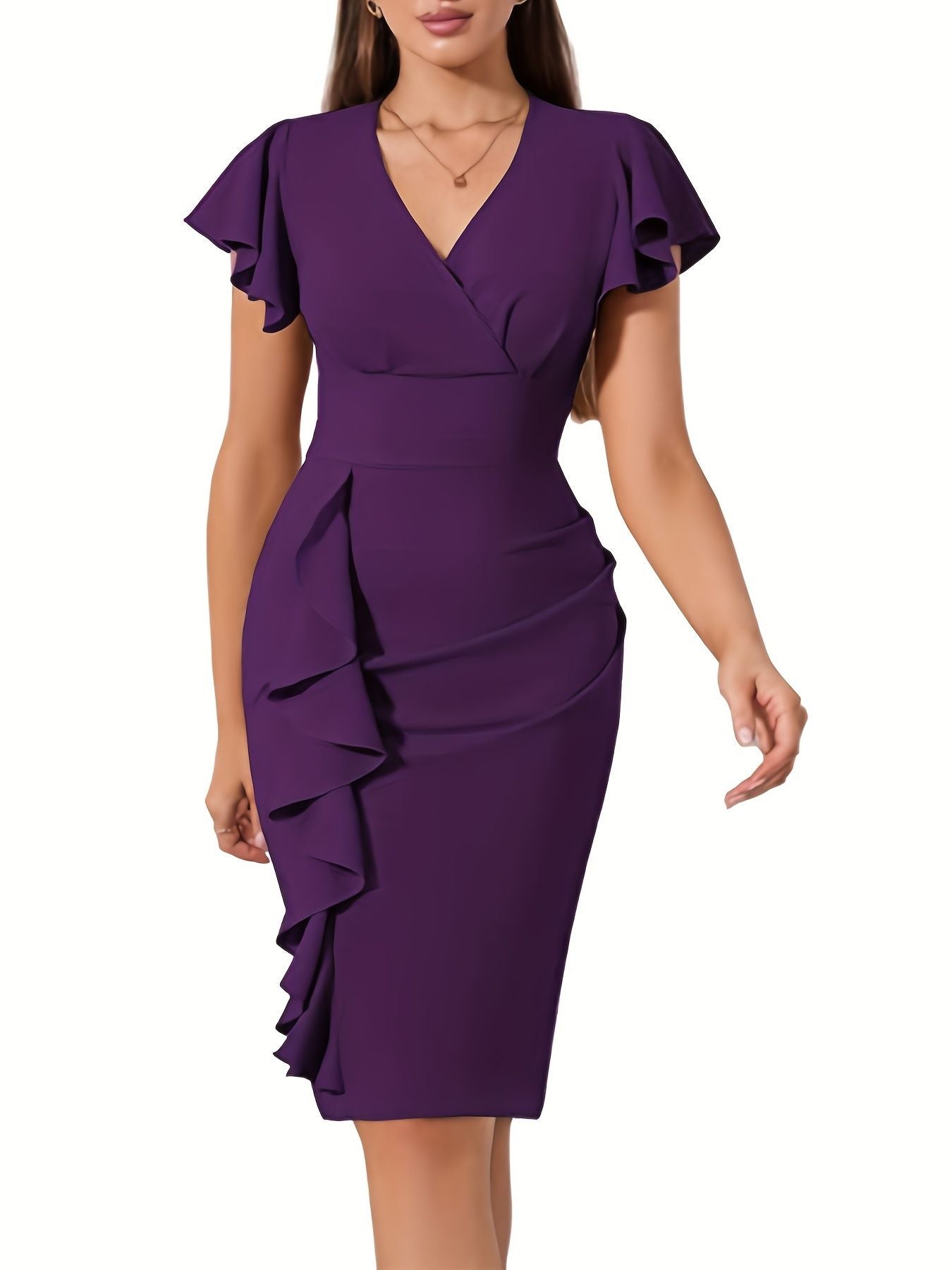 Ruffle Hem Bodycon Dress, Elegant V-neck Flutter Sleeve Dress, Women's Clothing New Era Fashion LLc