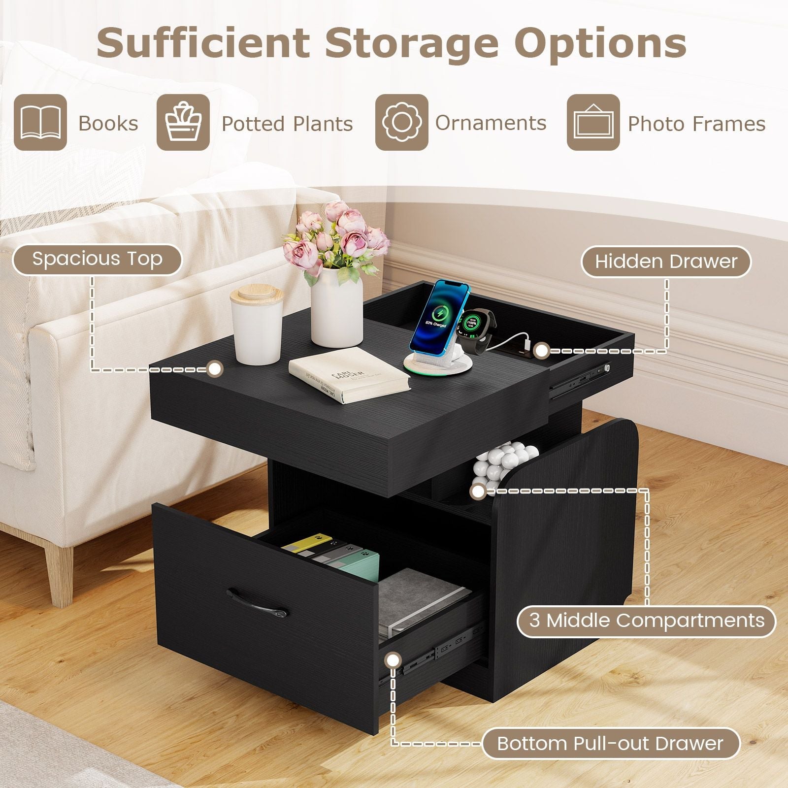 Nightstand with Charging Station Modern Bedside Table for Living Room Bedroom Office New Era Fashion LLc