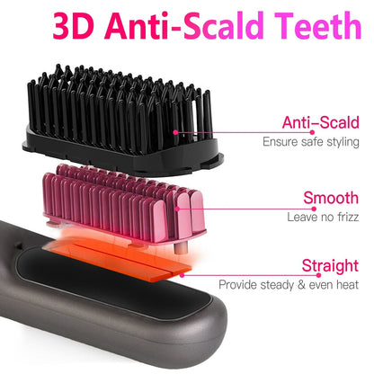 Cordless Negative Ion Hair Straightener Brush Rechargeable Mini Styling Comb with 12 Heating Levels Anti-scald 30S Preheating 30Mins Auto Sleep LCD Display New Era Fashion LLc