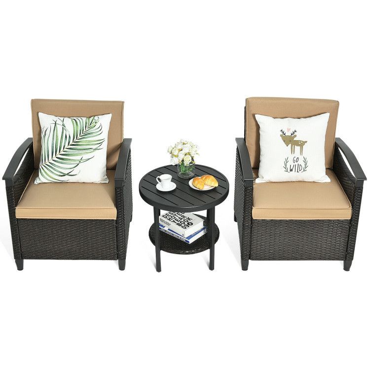 3 Pieces Patio Rattan Furniture Set Cushioned Sofa Storage Table with Shelf Garden New Era Fashion LLc