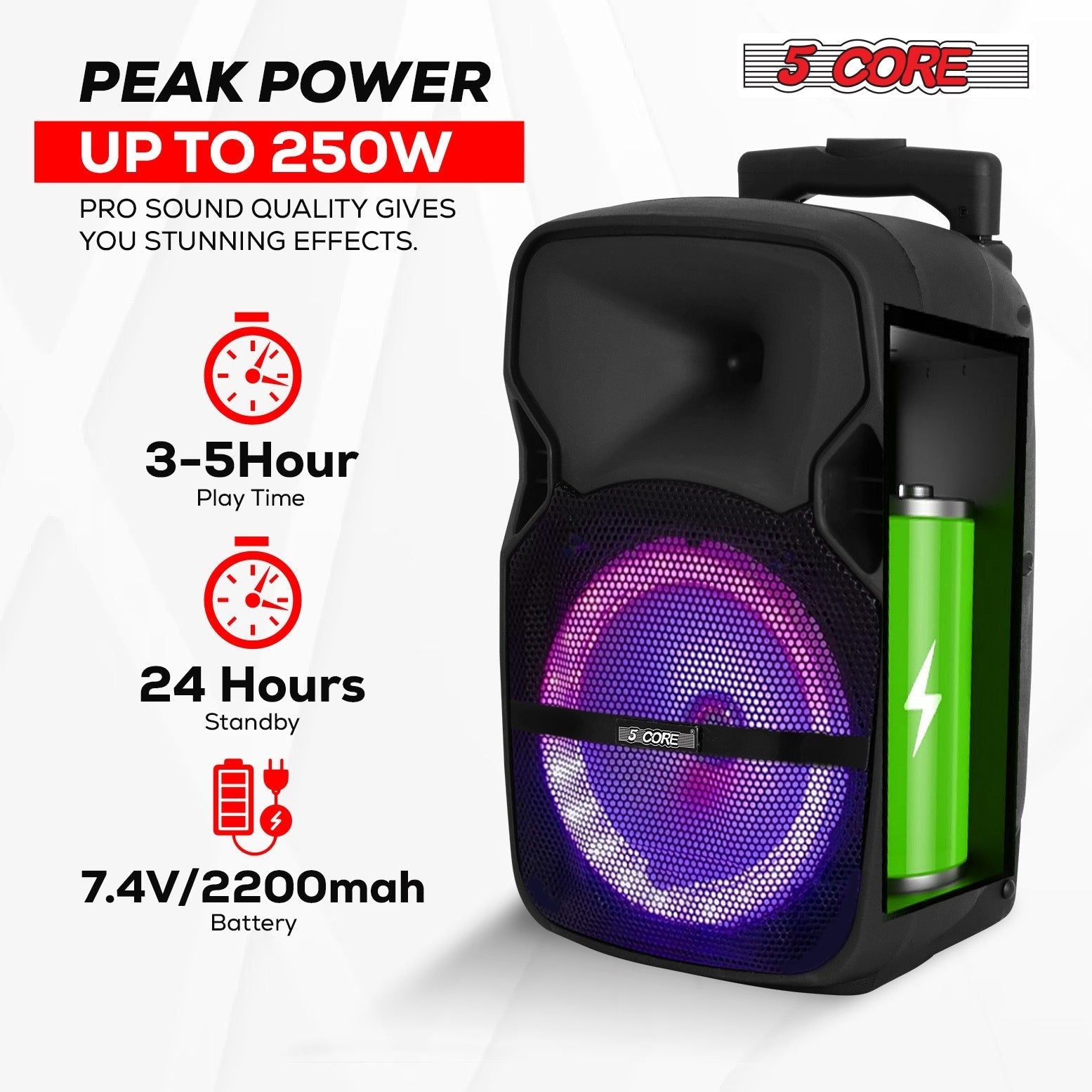 5 Core Party Speaker Bluetooth 250W Big Monster Powered Rechargeable Outdoor PA DJ System w Disco Lights 2 Wireless Karaoke Mics Portable Rolling Speakers w Handle Black - ACTIVE HOME 8 2-MIC New Era Fashion LLc