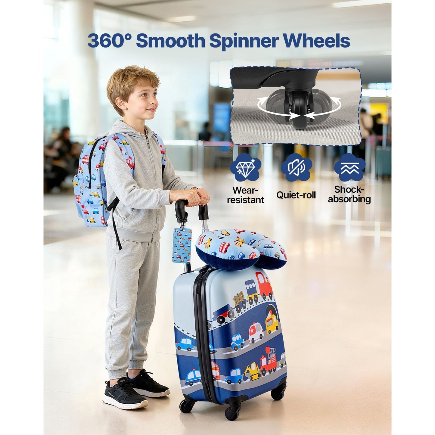 Kids Luggage Set, 5 Piece, 18 Inch Hardside Rolling Wheels Suitcase with Backpack & U-shape Pillow, Truck Kids Carry on Luggage Set, Holiday Birthday Gift for Girls Boys, Airline Approved New Era Fashion LLc