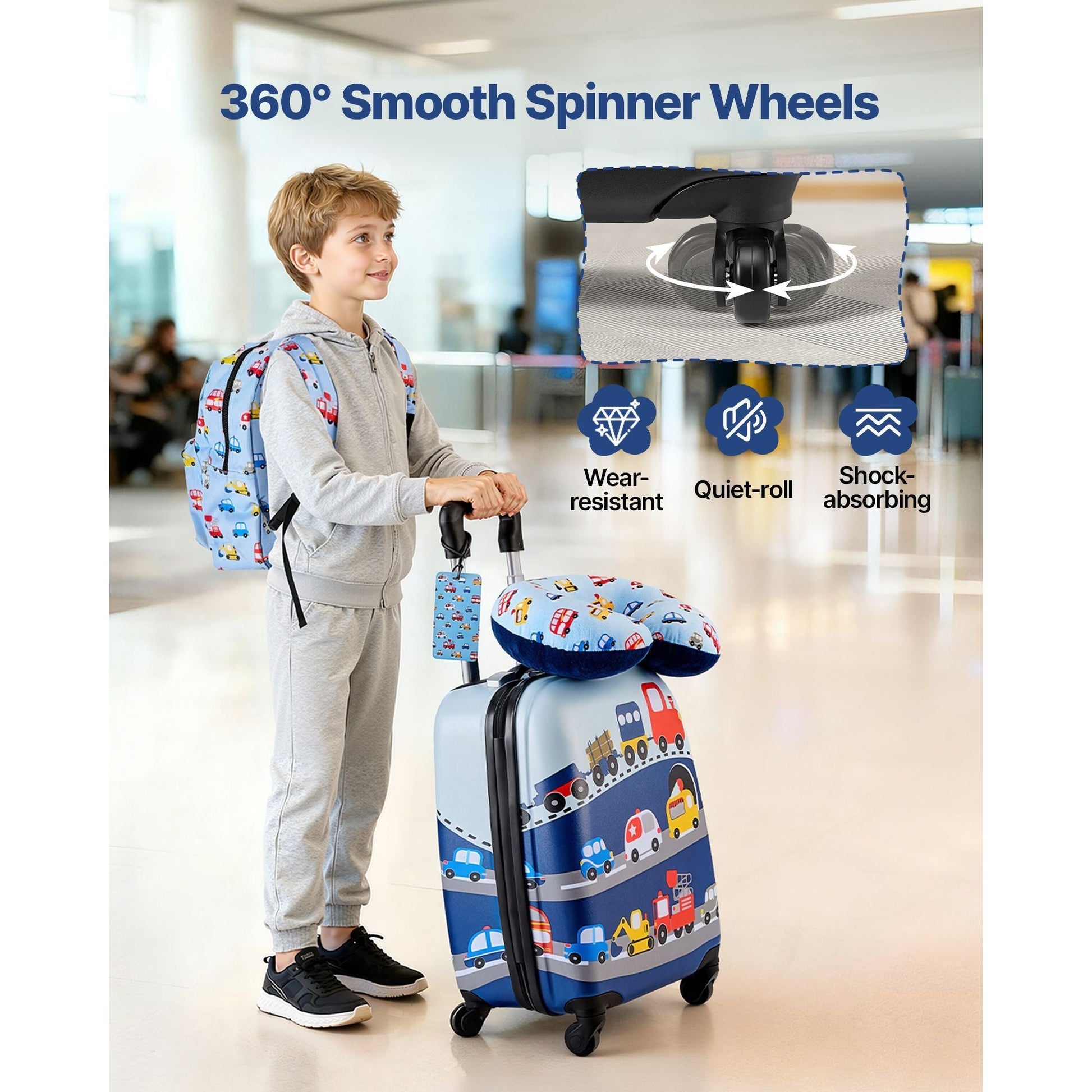 Kids Luggage Set, 5 Piece, 18 Inch Hardside Rolling Wheels Suitcase with Backpack & U-shape Pillow, Truck Kids Carry on Luggage Set, Holiday Birthday Gift for Girls Boys, Airline Approved New Era Fashion LLc