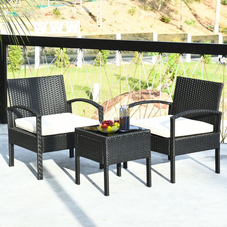 3 Pieces Outdoor Rattan Patio Conversation Set with Seat Cushions New Era Fashion LLc