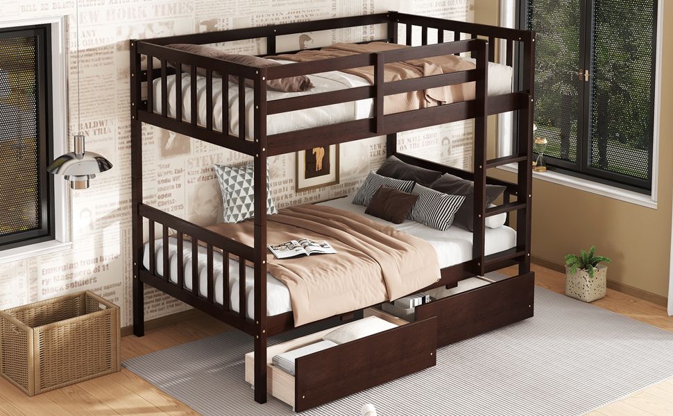 Twin Over Twin Rubber Wood Bunk Bed with 2 Drawers, Convertible into 2 Twin Beds, Twin Size Bunk Bed with Ladder and Safety Guardrails New Era Fashion LLc