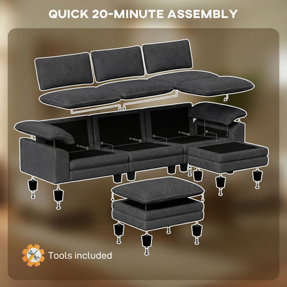 Sectional Sofa, L Shaped Couch with Deep Seat, Movable Ottoman and Pillow-top Armrests, Dark Gray New Era Fashion LLc