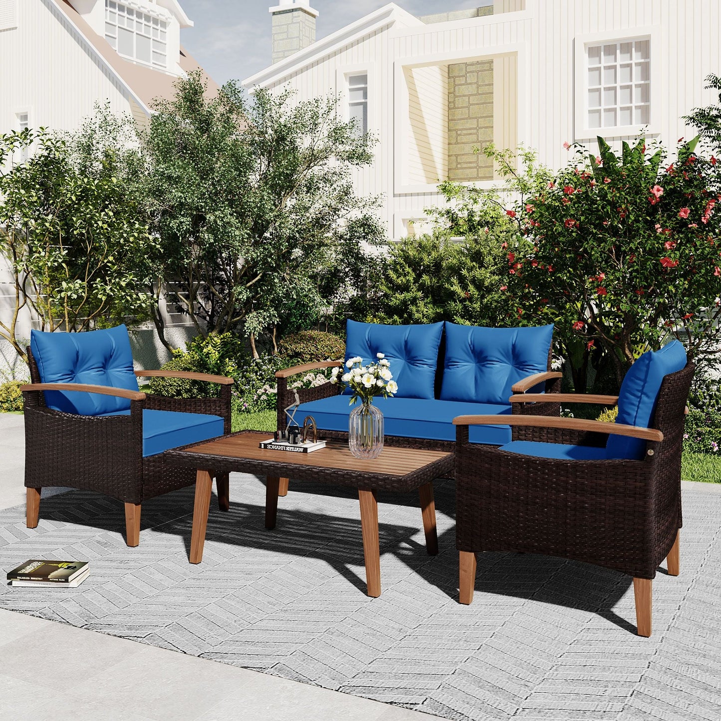 4-Piece Garden Furniture; Patio Seating Set; PE Rattan Outdoor Sofa Set; Wood Table and Legs; Brown and Beige New Era Fashion LLc