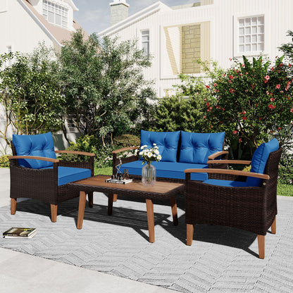 4-Piece Garden Furniture; Patio Seating Set; PE Rattan Outdoor Sofa Set; Wood Table and Legs; Brown and Beige New Era Fashion LLc