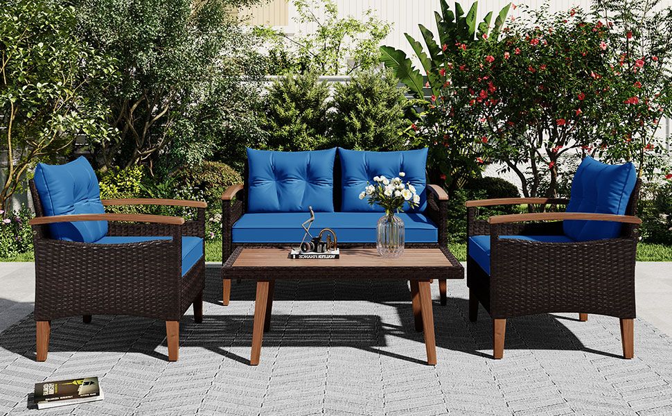 4-Piece Garden Furniture; Patio Seating Set; PE Rattan Outdoor Sofa Set; Wood Table and Legs; Brown and Beige New Era Fashion LLc