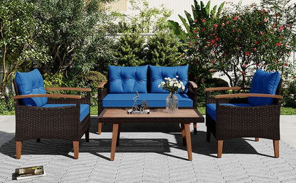 4-Piece Garden Furniture; Patio Seating Set; PE Rattan Outdoor Sofa Set; Wood Table and Legs; Brown and Beige New Era Fashion LLc