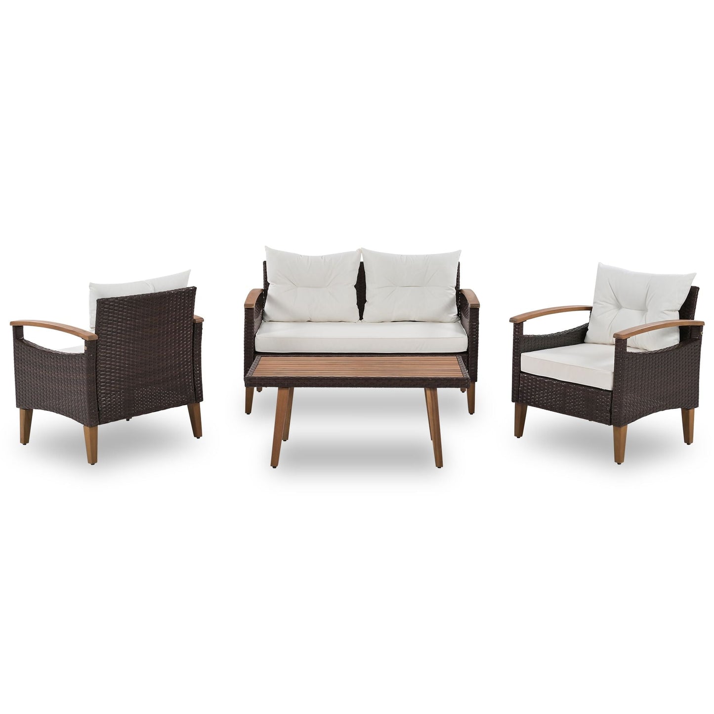 4-Piece Garden Furniture; Patio Seating Set; PE Rattan Outdoor Sofa Set; Wood Table and Legs; Brown and Beige New Era Fashion LLc
