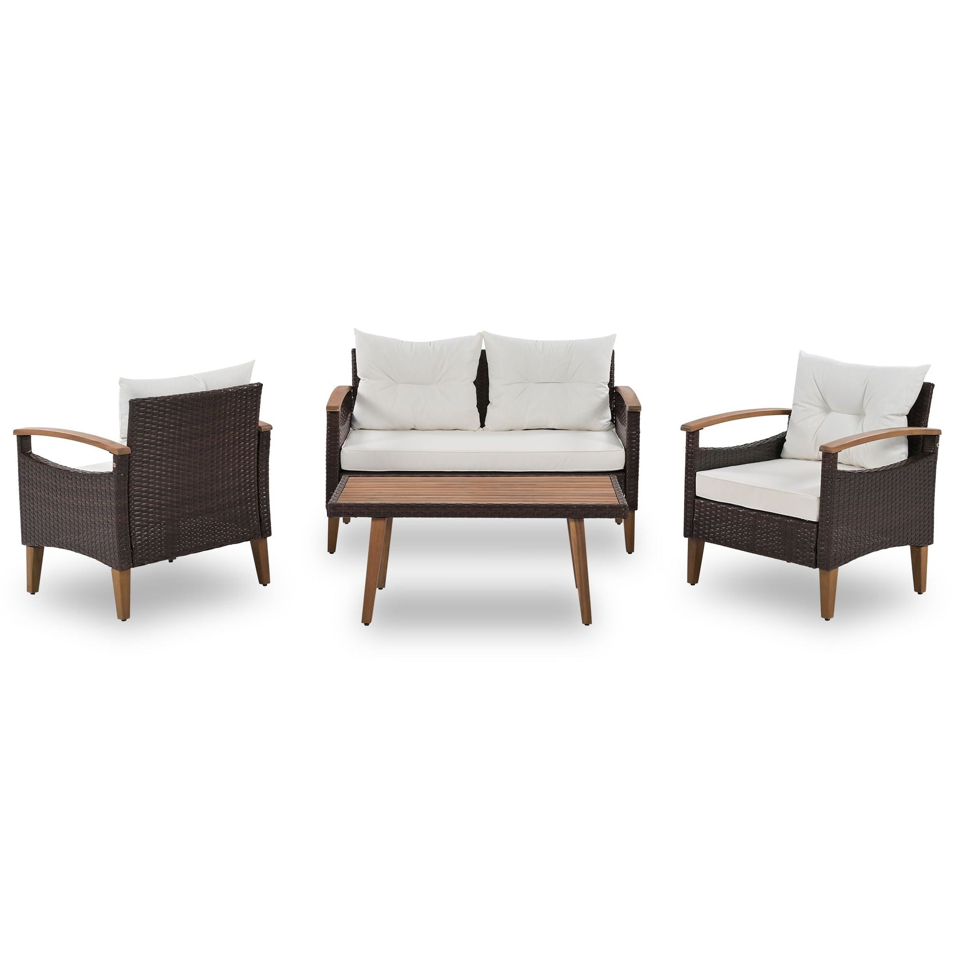 4-Piece Garden Furniture; Patio Seating Set; PE Rattan Outdoor Sofa Set; Wood Table and Legs; Brown and Beige New Era Fashion LLc