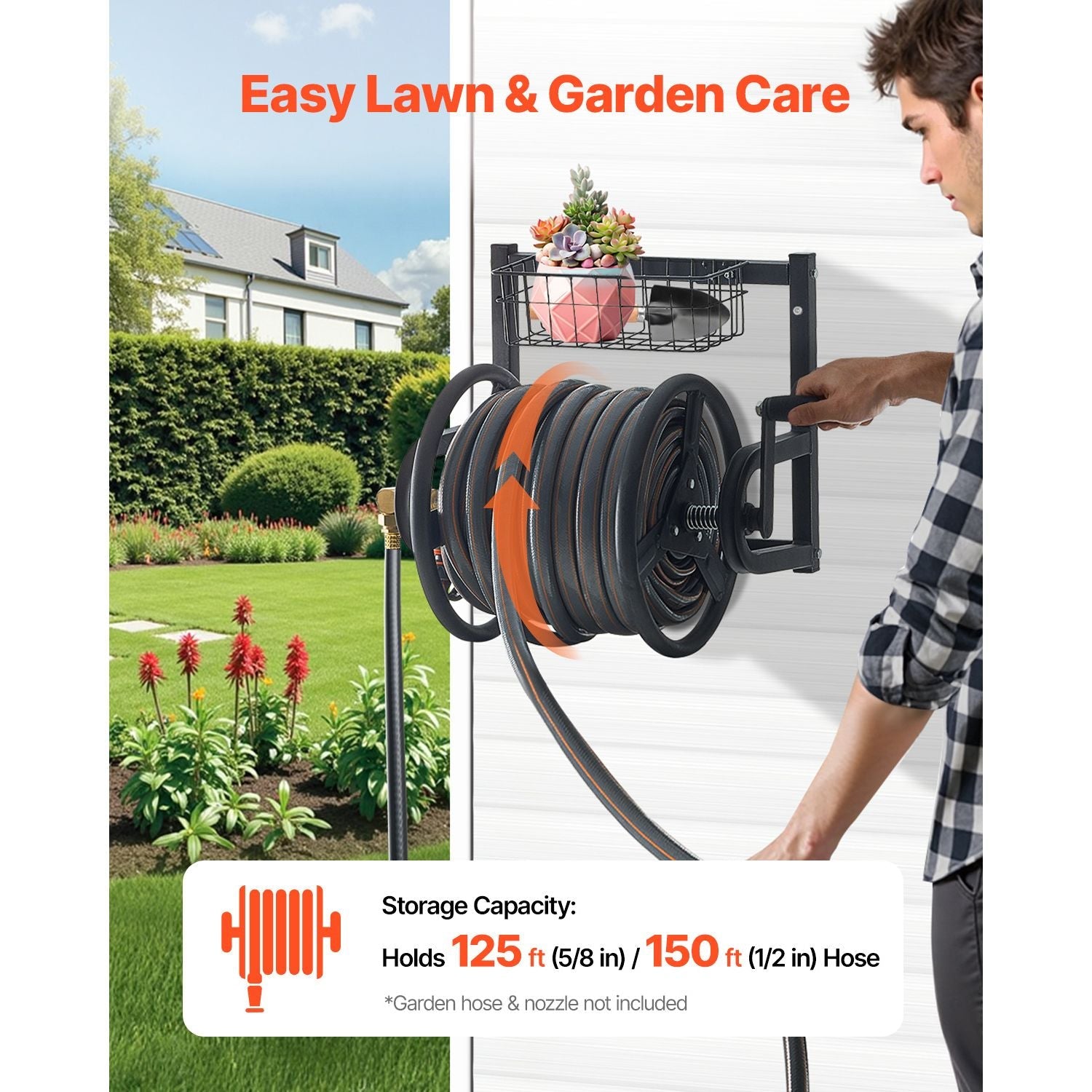 Wall Mounted Garden Hose Reel, Holds 125 ft 5/8-inch Hose, Heavy-Duty Water Hose Winder, Space-Saving Design, Outdoor Manual Reel with Brass Fitting and Storage Basket for Yard Lawn New Era Fashion LLc