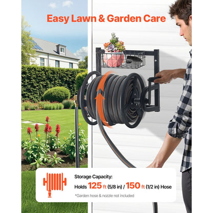 Wall Mounted Garden Hose Reel, Holds 125 ft 5/8-inch Hose, Heavy-Duty Water Hose Winder, Space-Saving Design, Outdoor Manual Reel with Brass Fitting and Storage Basket for Yard Lawn New Era Fashion LLc