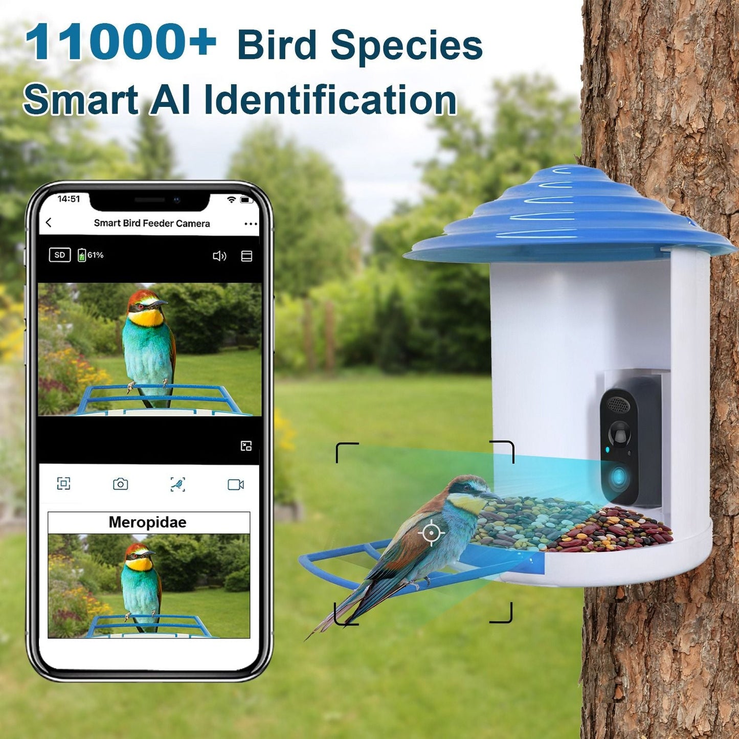 Smart Bird Feeder with Solar Powered Camera 1080P HD AI Identify PIR Motion Auto Capture Video Cloud Card Storage WiFi Connection App Control IP65 Waterproof New Era Fashion LLc