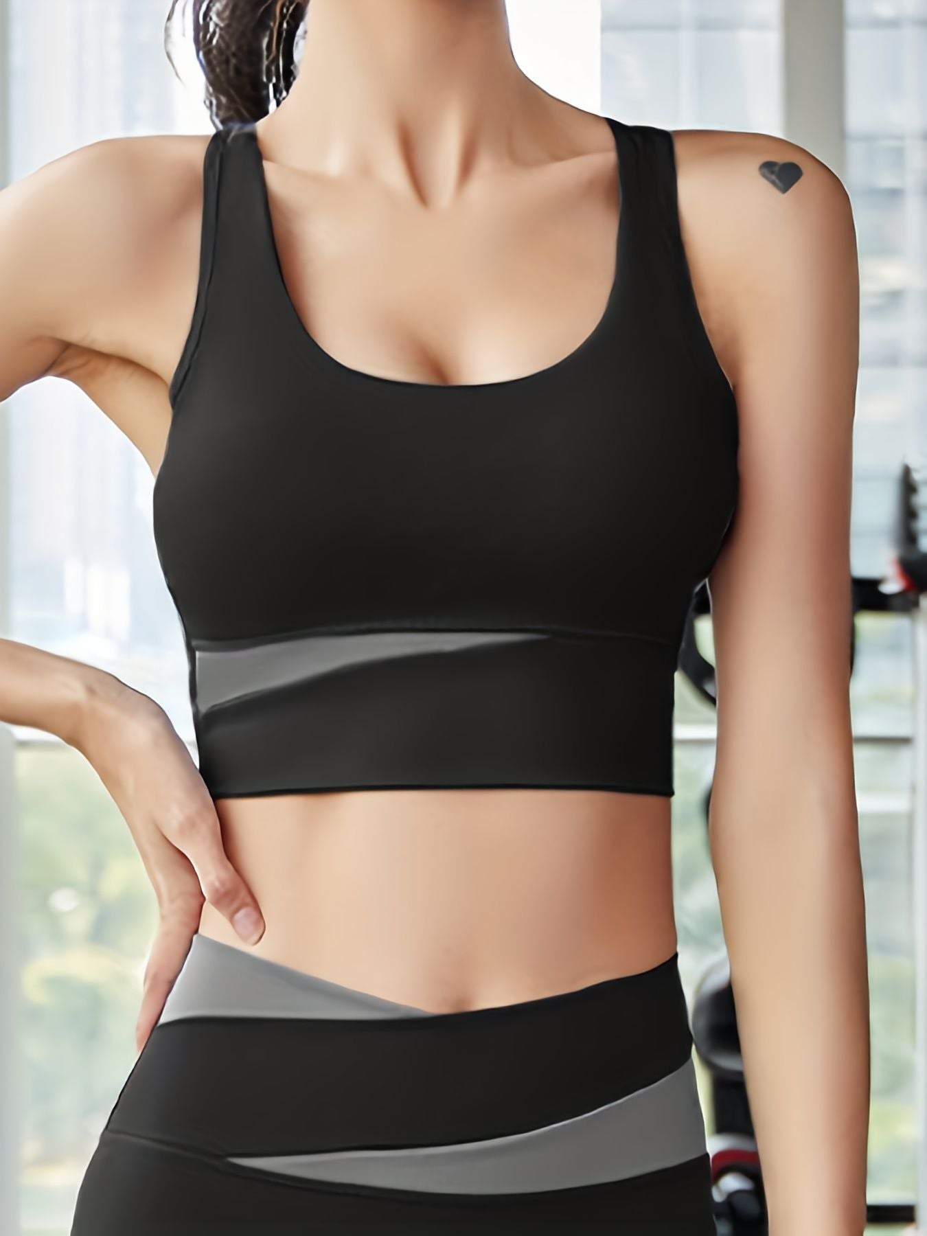 2 Pieces Contrast Color Patchwork Yoga Set, Wide Strap Sports Bra & Overlap Leggings, Women's Activewear New Era Fashion LLc