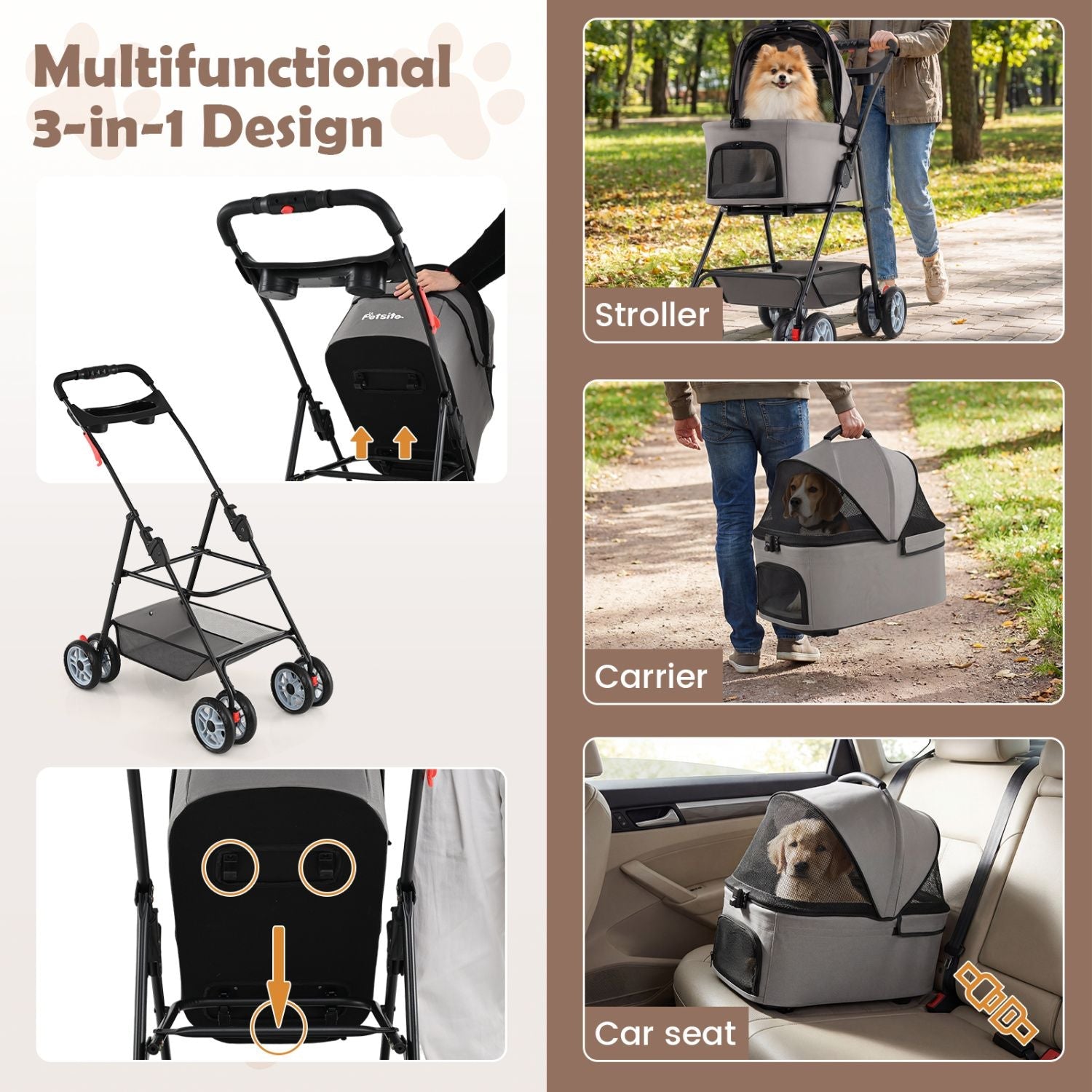 3 in 1 Pet Stroller with Removable Carrier up to 33 lbs New Era Fashion LLc