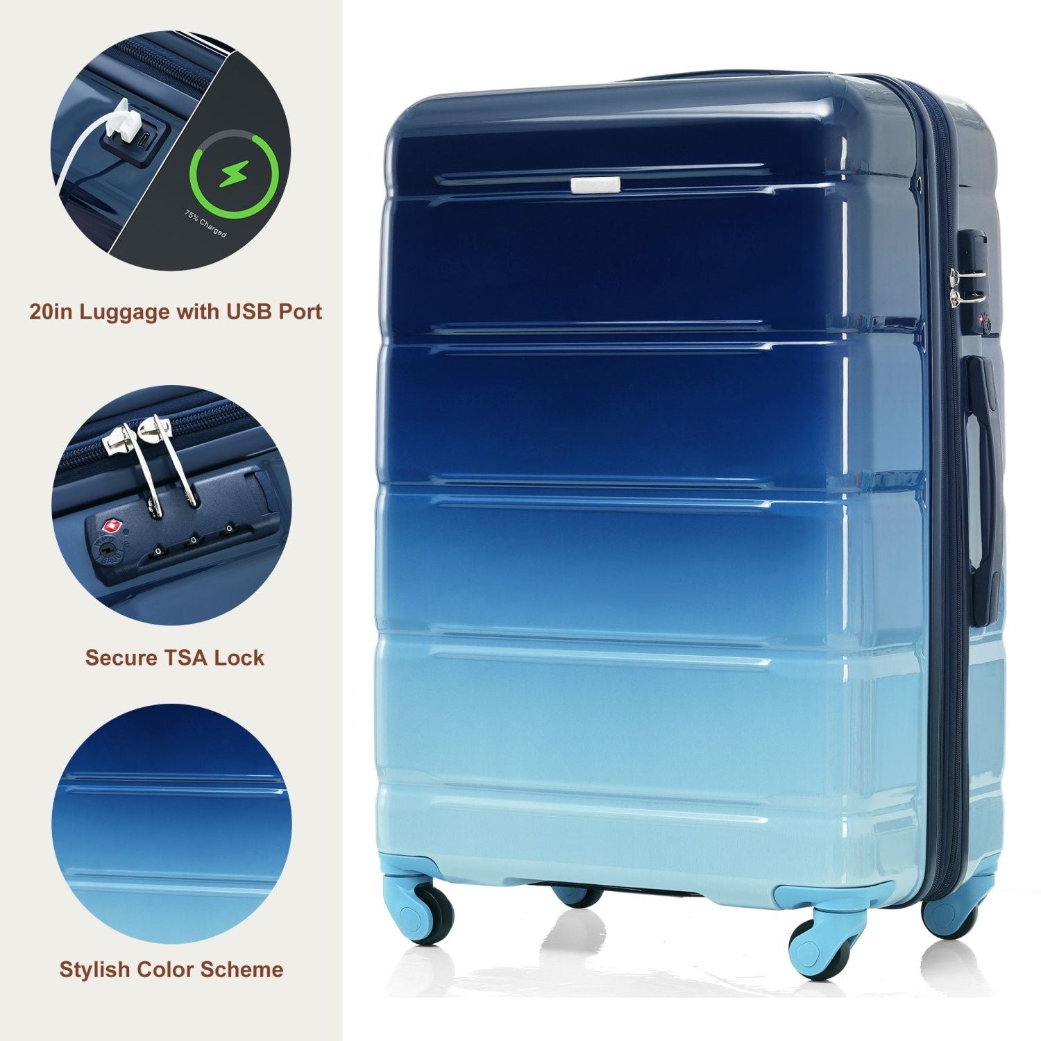 Luggage Set of 3, 20-inch with USB Port, Airline Certified Carry-on Luggage , ABS+PC Hard Shell Luggage with Spinner Wheels, Gradient Blue New Era Fashion LLc