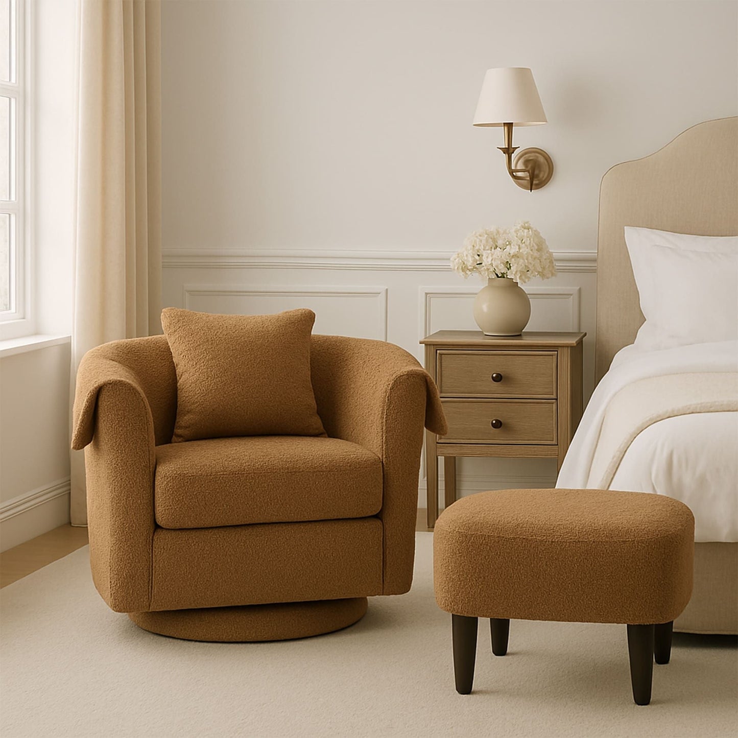 Swivel Accent Chair with Ottoman Set, Modern Chenille Barrel Armchair with Removable Back Pillow & 2 Armrest Covers for Living Room, Bedroom, Office, Yellow New Era Fashion LLc