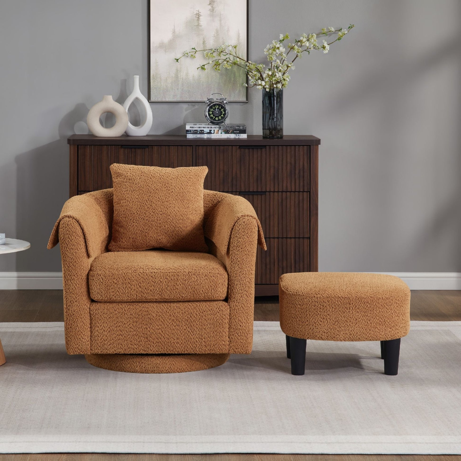 Swivel Accent Chair with Ottoman Set, Modern Chenille Barrel Armchair with Removable Back Pillow & 2 Armrest Covers for Living Room, Bedroom, Office, Yellow New Era Fashion LLc