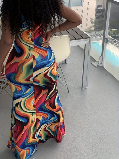 Abstract Ripple Print Dress, Sexy U Neck Sleeveless Bodycon Maxi Dress, Women's Clothing New Era Fashion LLc
