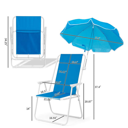 1 Pack Heavy Duty Steel Beach Chair with Umbrella, XL Size 15" Seat Height Royal Blue, Oxford Cloth with Support Bar, Single Position Adjustable, 120kg Load New Era Fashion LLc