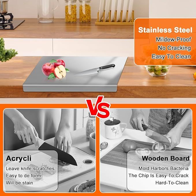 Stainless Steel Cutting Board with Lip for Kitchen Chopping Boards for Countertop Large Metal Cutting Board over Sink Suitable for Meat Fruits Vegetables Bread Noodle and Pizza Bamboo Knives New Era Fashion LLc