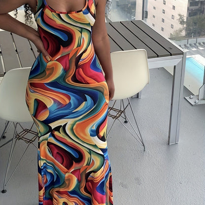 Abstract Ripple Print Dress, Sexy U Neck Sleeveless Bodycon Maxi Dress, Women's Clothing New Era Fashion LLc