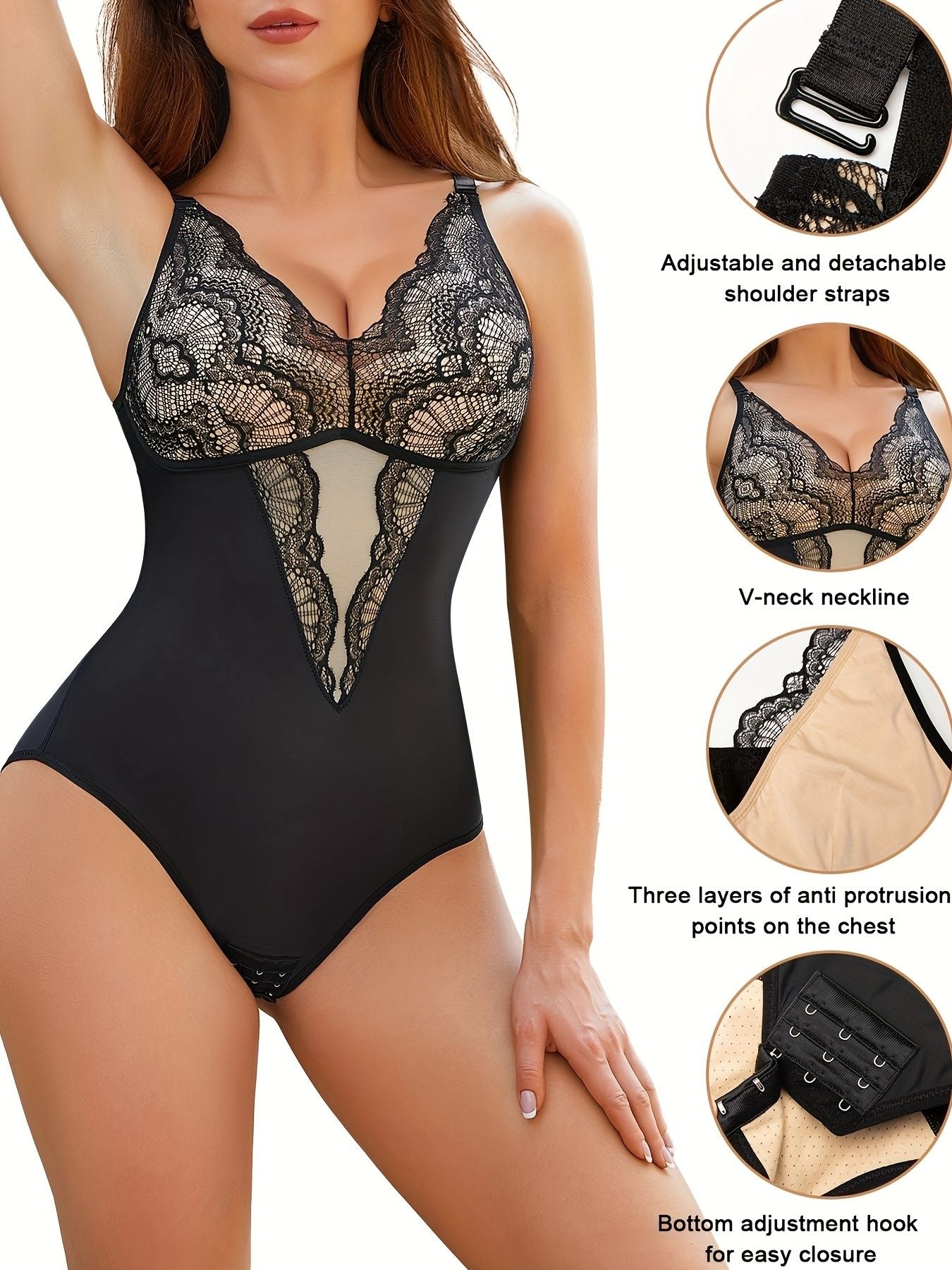 Contrast Lace Shaping Bodysuit, V Neck Sleeveless Slimming Body Shaper, Women's Underwear & Shapewear New Era Fashion LLc
