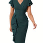Ruffle Hem Bodycon Dress, Elegant V-neck Flutter Sleeve Dress, Women's Clothing New Era Fashion LLc