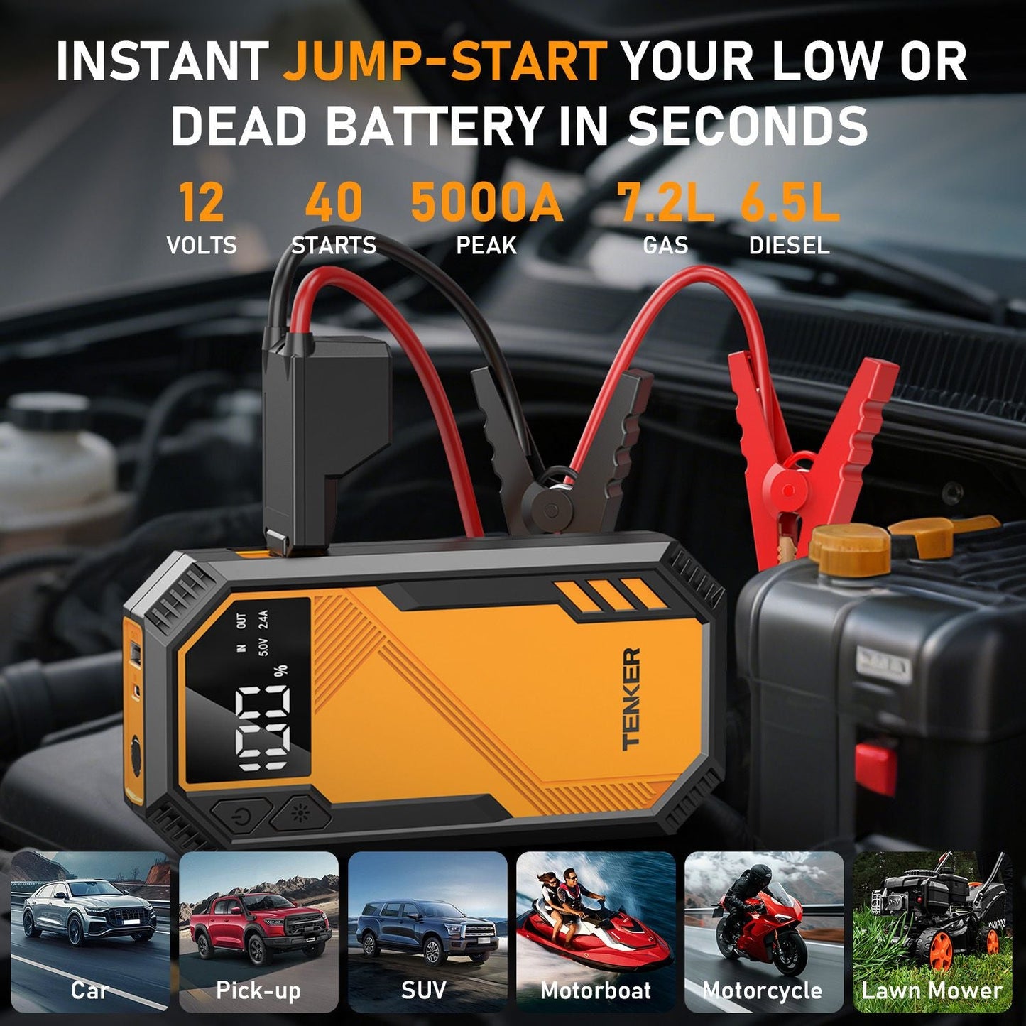 5000A Car Jump Starter 7.2L Gas or 6.5L Diesel 44.4W Portable Power Bank LED Flashlight 12V Jumper Box 10 Protections Built in Comprehensive Protection New Era Fashion LLc