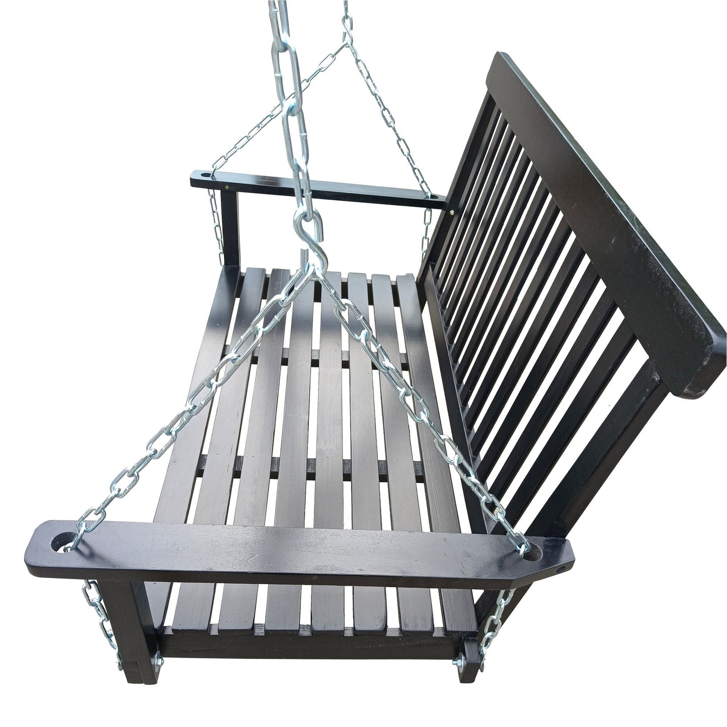 Front Porch Swing with Armrests;  Wood Bench Swing with Hanging Chains; for Outdoor Patio ; Garden Yard;  porch;  backyard;  or sunroom; Easy to Assemble; black New Era Fashion LLc