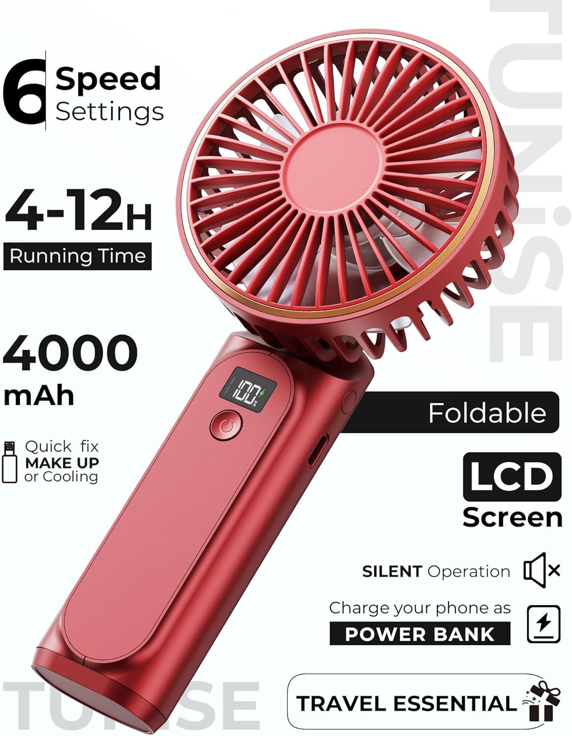 Portable Handheld Fan, Portable Fan Rechargeable, 4000mAh, 180° Adjustable, 6 Speed Wind, Display Electricity in Real Time, USB Rechargeable Foldable F an, Quiet Personal Fan as Power Bank New Era Fashion LLc