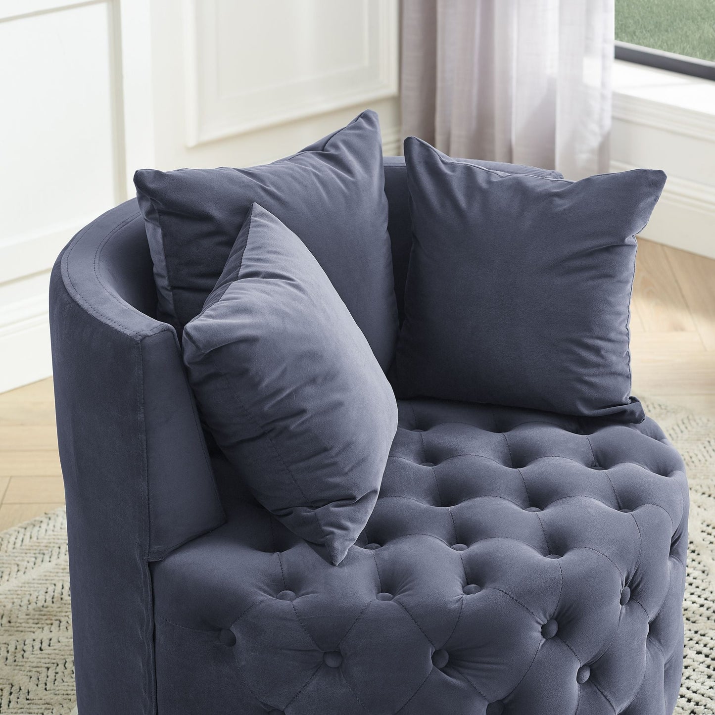 Velvet Upholstered Swivel Chair for Living Room, with Button Tufted Design and Movable Wheels, Including 3 Pillows New Era Fashion LLc
