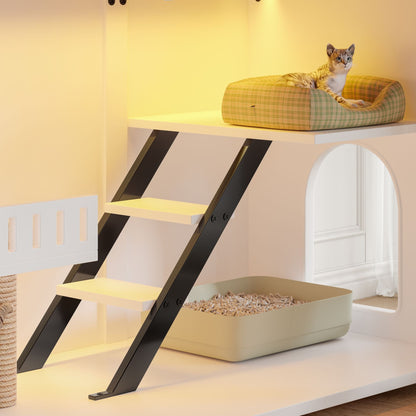 47.25" Large Cat Litter Box Enclosure with LED Light, Hidden Litter Box Furniture, Cat House with Stairs and Cat Scratching Post, Cat Cabinet Side Table with Smart Doors for Living Room New Era Fashion LLc