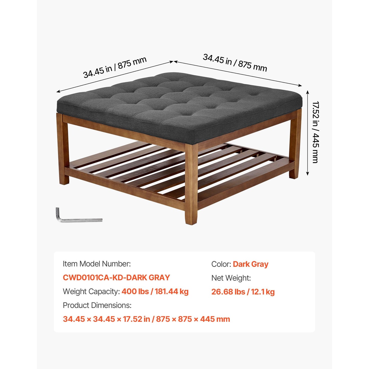 Large Square Ottoman Coffee Table, 34.5 Inch Tufted Coffee Table with Solid Wood Shelf Storage, Linen Solid Upholstered Footrest Ottoman for Bedroom Living Room, 400 LBS, Dark Gray New Era Fashion LLc
