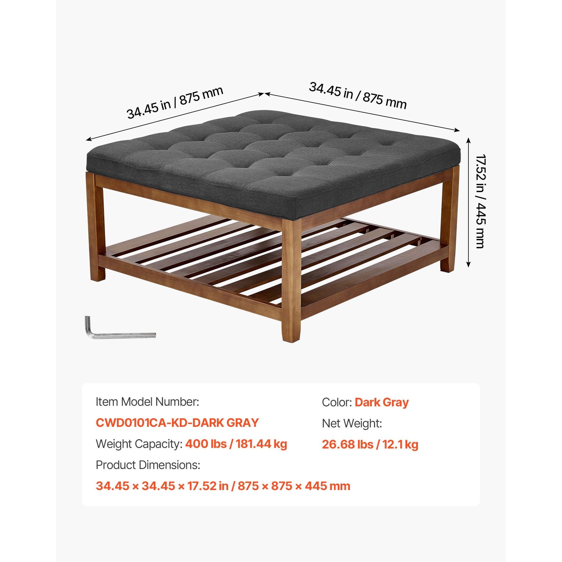 Large Square Ottoman Coffee Table, 34.5 Inch Tufted Coffee Table with Solid Wood Shelf Storage, Linen Solid Upholstered Footrest Ottoman for Bedroom Living Room, 400 LBS, Dark Gray New Era Fashion LLc
