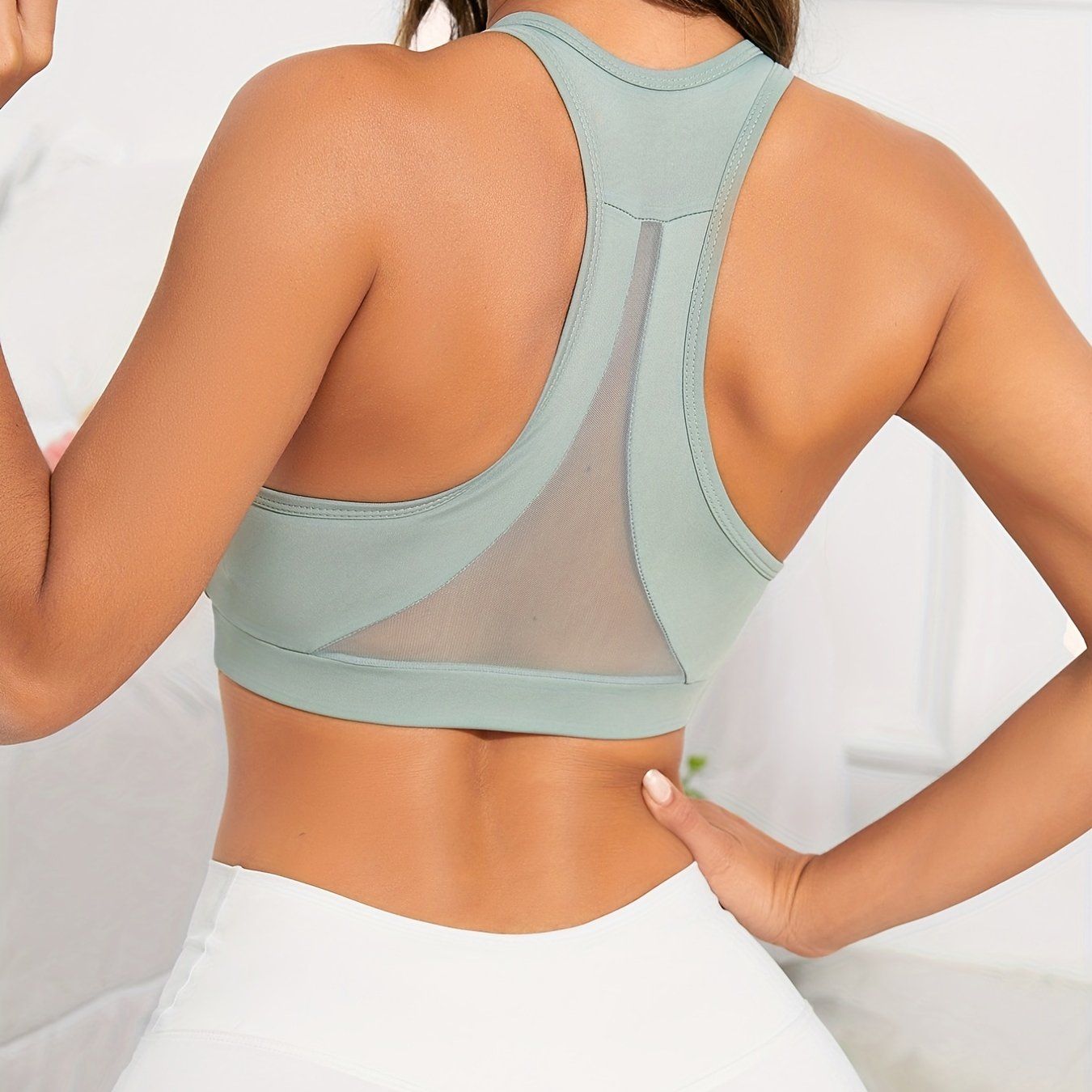 Green Solid Color Breathable Mesh Stitching Tank Top, Sports Yoga Fitness Bra New Era Fashion LLc