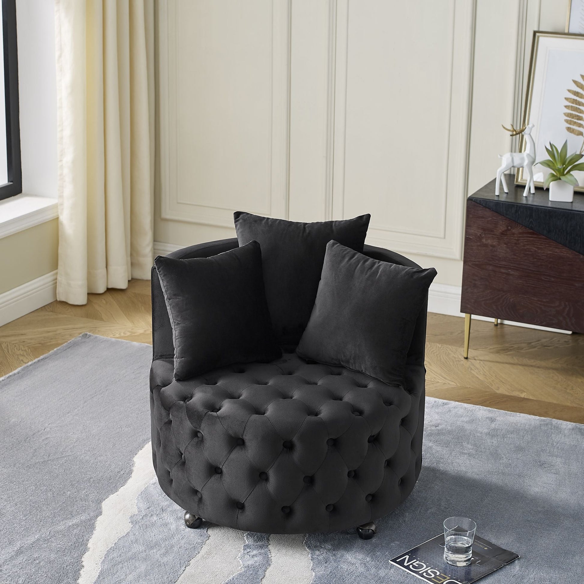 Velvet Upholstered Swivel Chair for Living Room, with Button Tufted Design and Movable Wheels, Including 3 Pillows New Era Fashion LLc