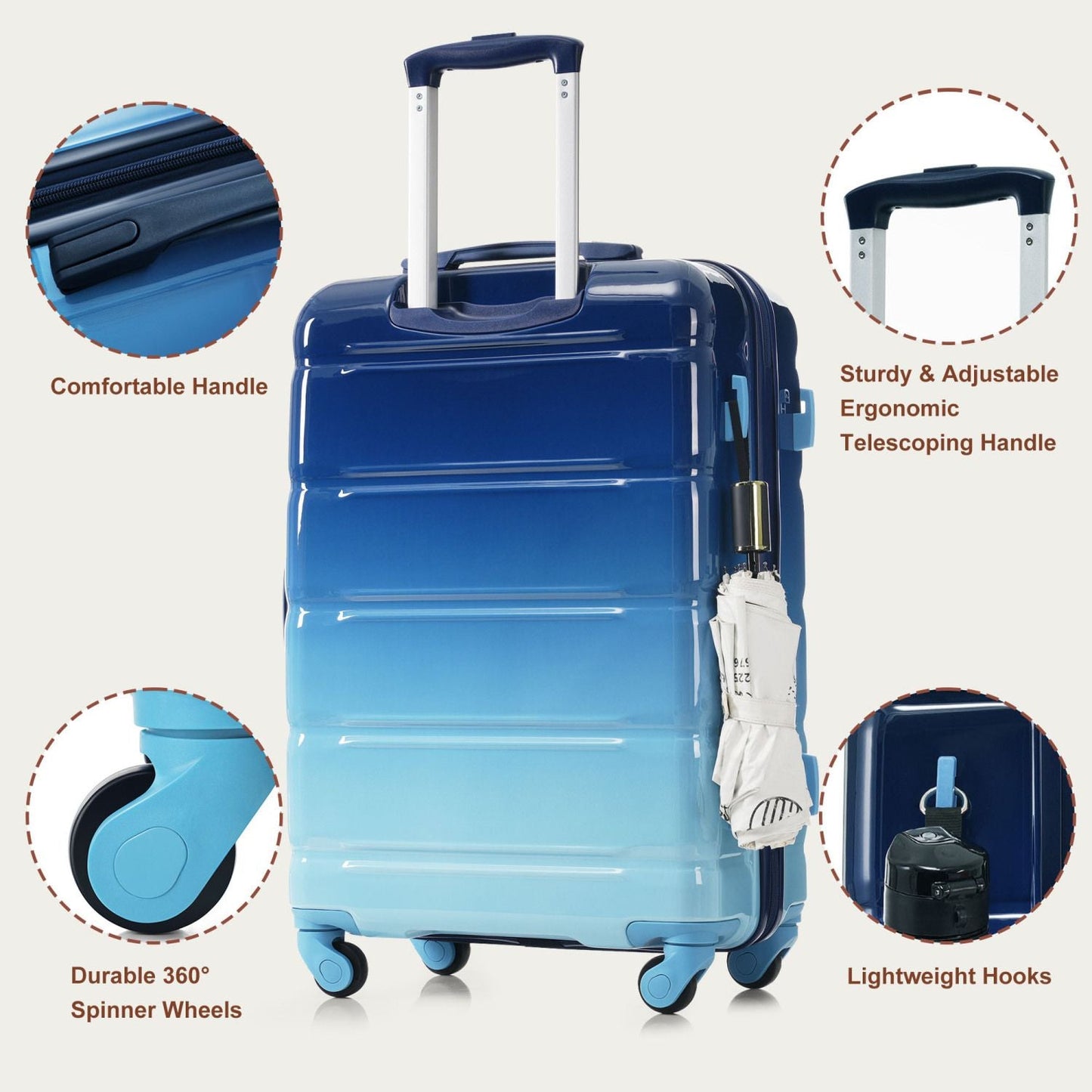 Luggage Set of 3, 20-inch with USB Port, Airline Certified Carry-on Luggage , ABS+PC Hard Shell Luggage with Spinner Wheels, Gradient Blue New Era Fashion LLc