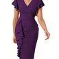 Ruffle Hem Bodycon Dress, Elegant V-neck Flutter Sleeve Dress, Women's Clothing New Era Fashion LLc