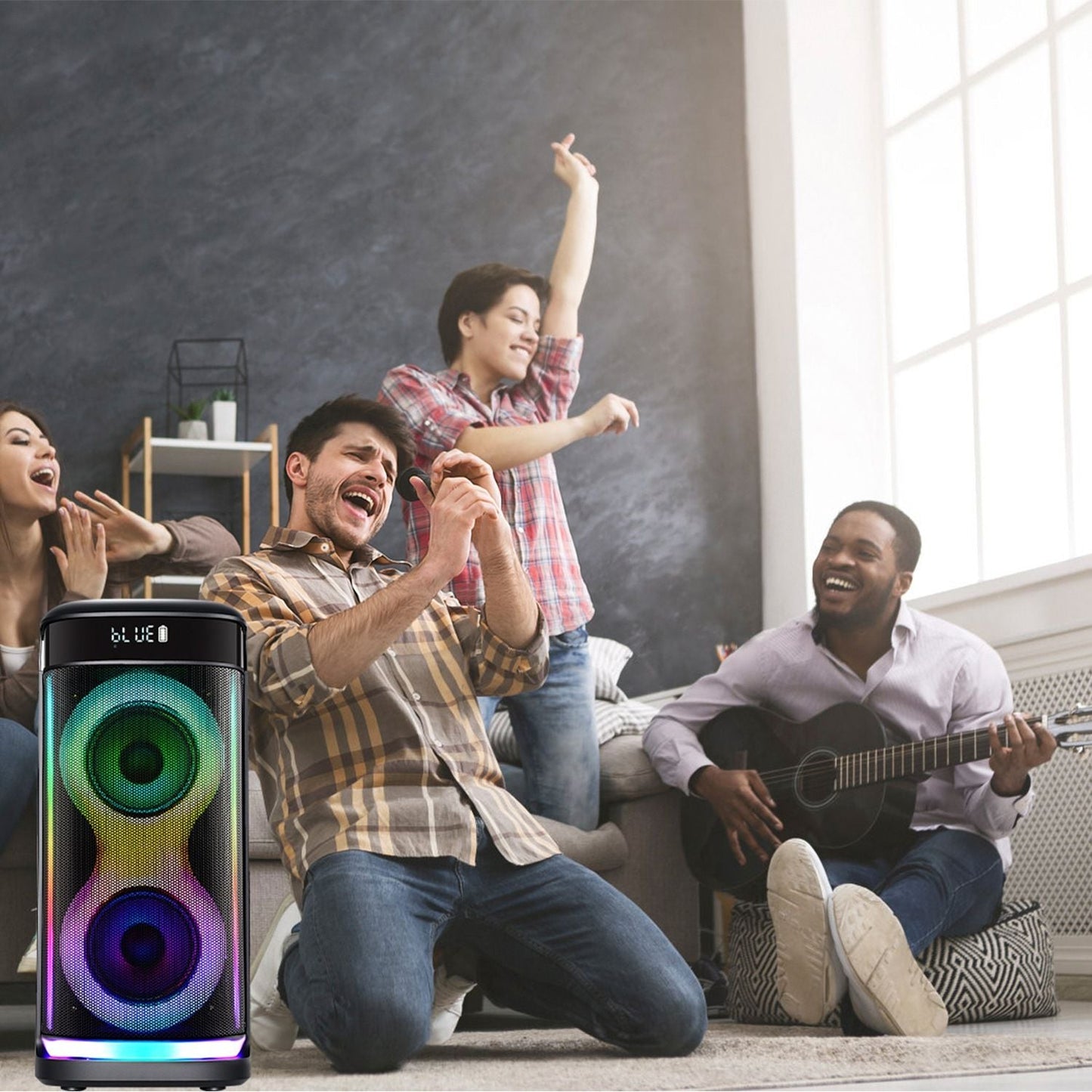 Portable Wireless Party Speaker with LED Light Wireless Mic Remote Control TWS Treble Bass Mic. Echo Music Accompany Mic. Priority Guitar In New Era Fashion LLc
