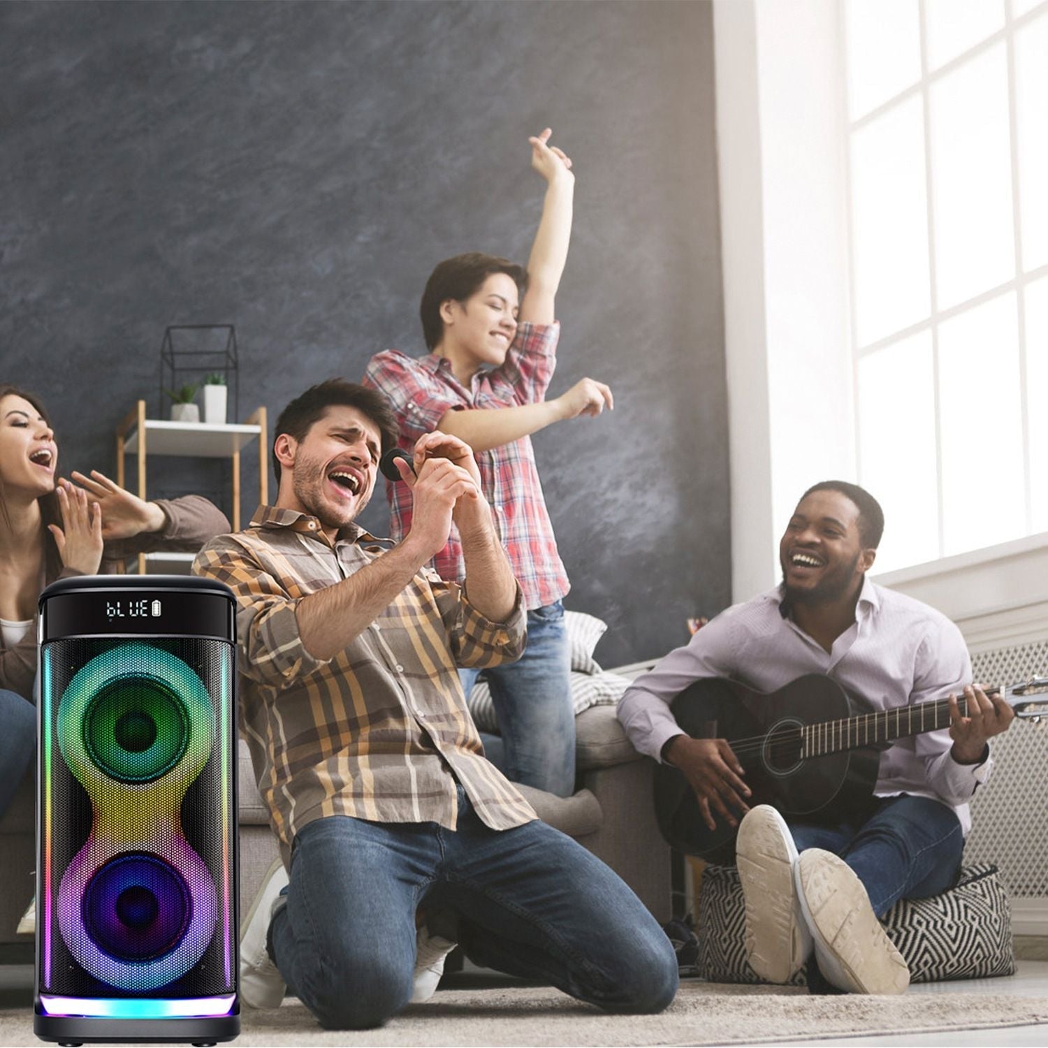 Portable Wireless Party Speaker with LED Light Wireless Mic Remote Control TWS Treble Bass Mic. Echo Music Accompany Mic. Priority Guitar In New Era Fashion LLc
