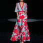 Summer V-Neck Floral Split Maxi Dress with Belt
