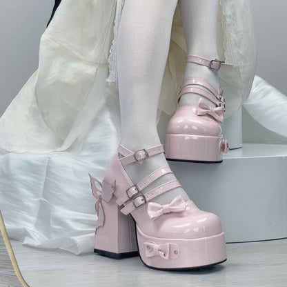 Rivet Bow Round Toe Bright Leather Platform Thick High Heels See size chart under “more details” The Fashion Celestial