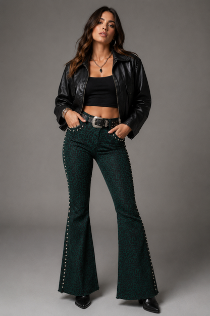 Studded Bell Bottom Jean in Leopard Green GJG DENIM